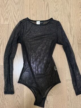 Sheer sparkle long sleeve black bodysuit